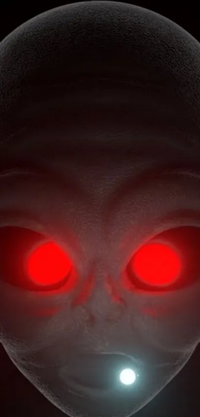 Alien face with red glowing eyes on black background.