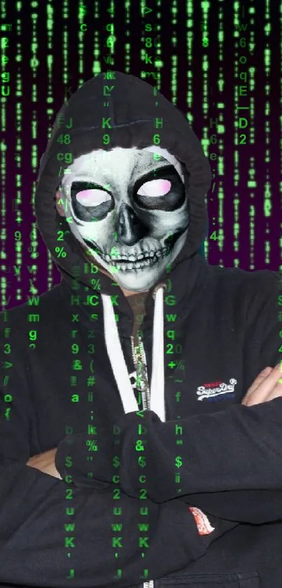 Alien in hoodie with matrix background, mysterious mobile wallpaper.