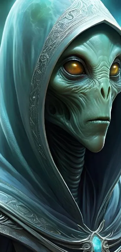 Mystical alien with teal skin and hooded cloak in a sci-fi setting.