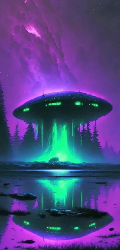 Mystical landscape with UFO and vibrant purple and green colors.