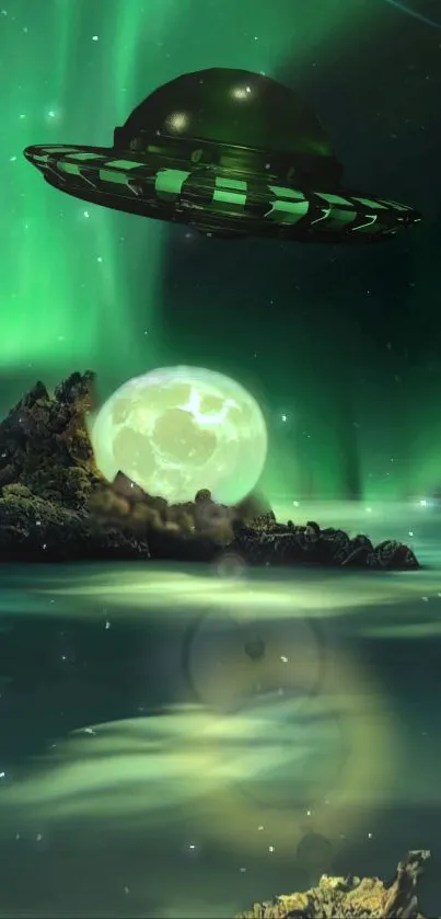 UFO hovers over mystical ocean under aurora.