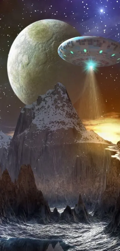 A UFO hovering over a mystical alien landscape with icy mountains.
