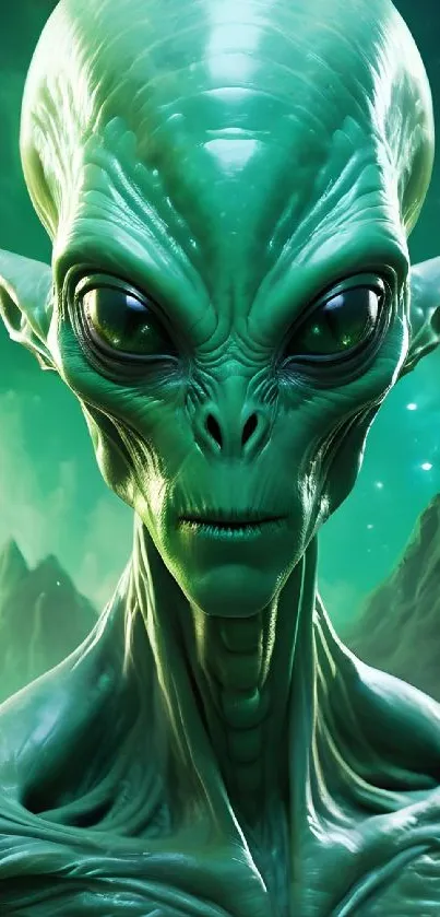 Detailed alien face with cosmic background in green shades.