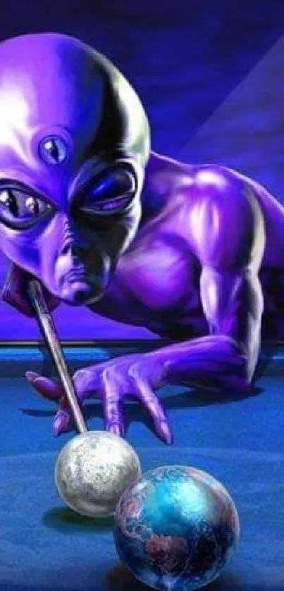 Purple alien playing pool in a cosmic-themed wallpaper.