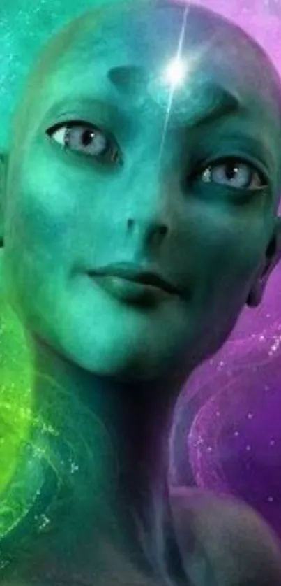 Mystical alien portrait with vibrant galaxy background.