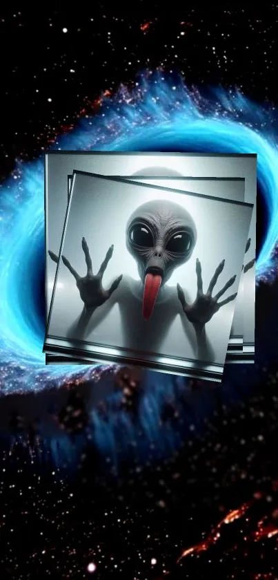 An alien with a red tongue against a cosmic backdrop.