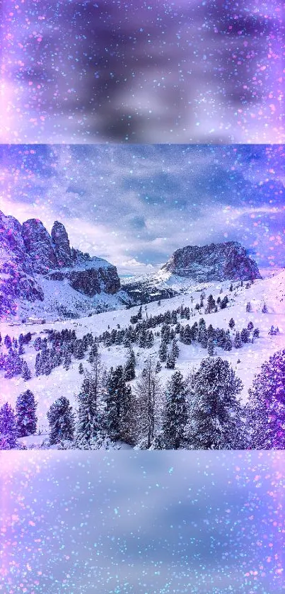 Mystical snowy mountains with purple cosmic aura in an alpine landscape.