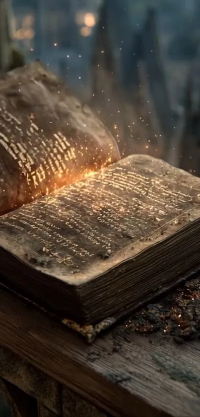 Open glowing ancient book on table with mystical aura.