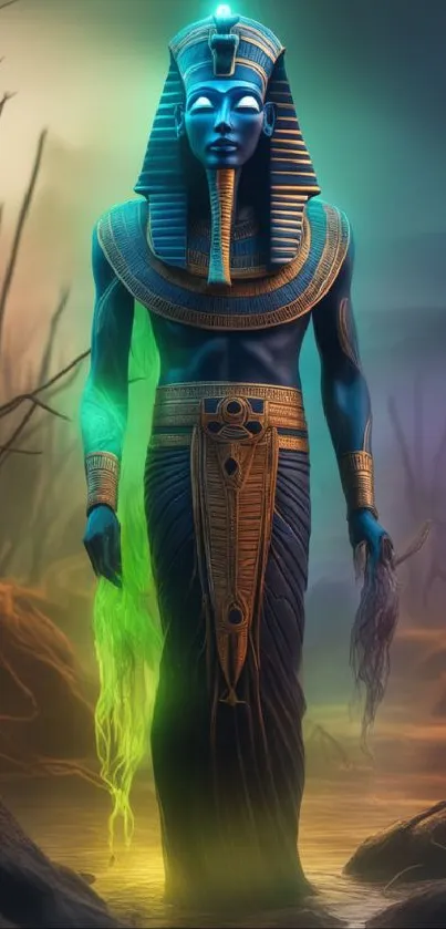 Mystical blue pharaoh with vibrant backdrop.