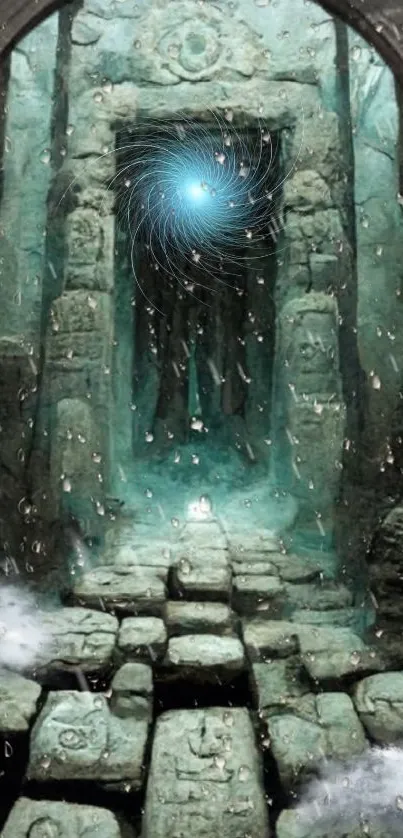 Mystical temple path through ancient stone forest, ethereal atmosphere.