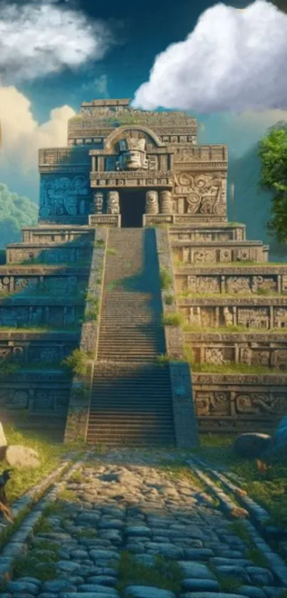 Ancient stone temple in lush greenery with a cloudy sky backdrop.