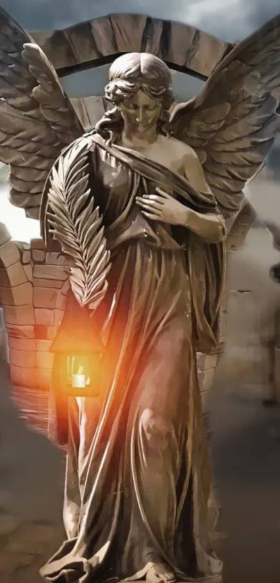 Angel statue in ancient ruins with dramatic sky and gothic elements.
