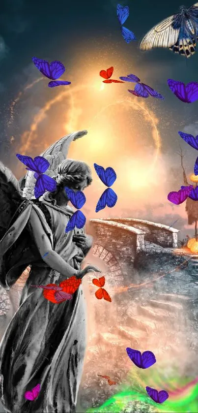 Mystical art with angel and butterflies against glowing background.