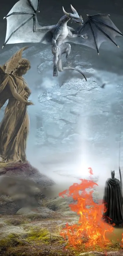 Epic battle between an angel statue and a dragon with flames.