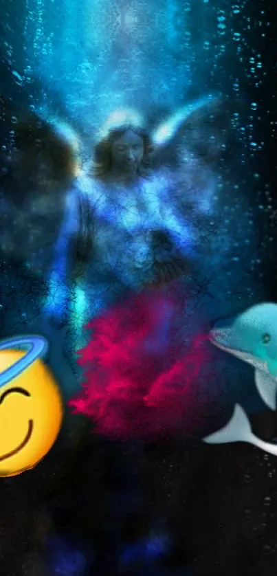 Mystical wallpaper with angel, dolphin, and emoji.