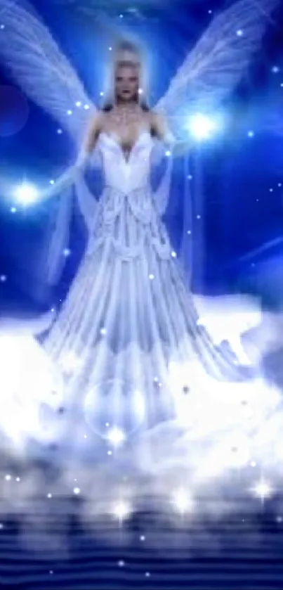 Mystical angel and serene swan on blue night fantasy wallpaper.