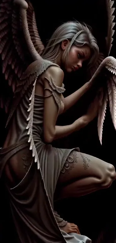 Mystical angel art wallpaper with detailed wings and ethereal design.