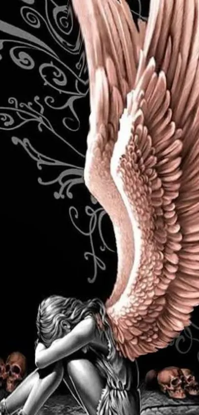 Mystical art wallpaper with angel wings and dark background.