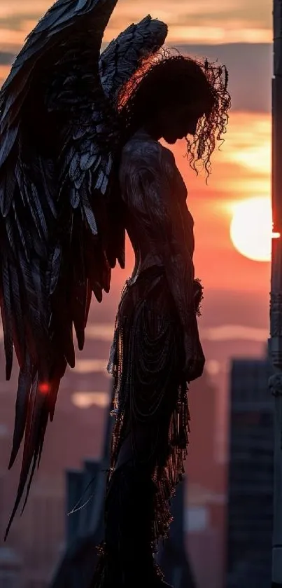 Silhouette of an angel with wings against a sunset cityscape.