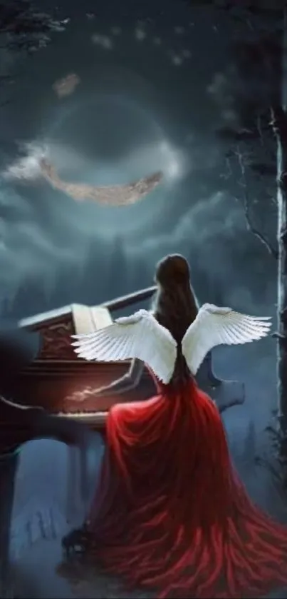 Angel with wings at piano under night sky.