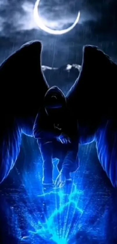 Mystical angel with blue aura in a night sky scenery.