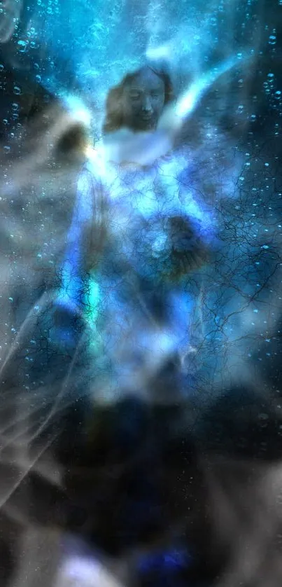 Mystical angel in blue light with ethereal mist.