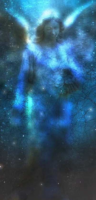 Mystical blue angel with celestial background.