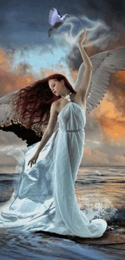 Ethereal angel by the sea under mystical skies.