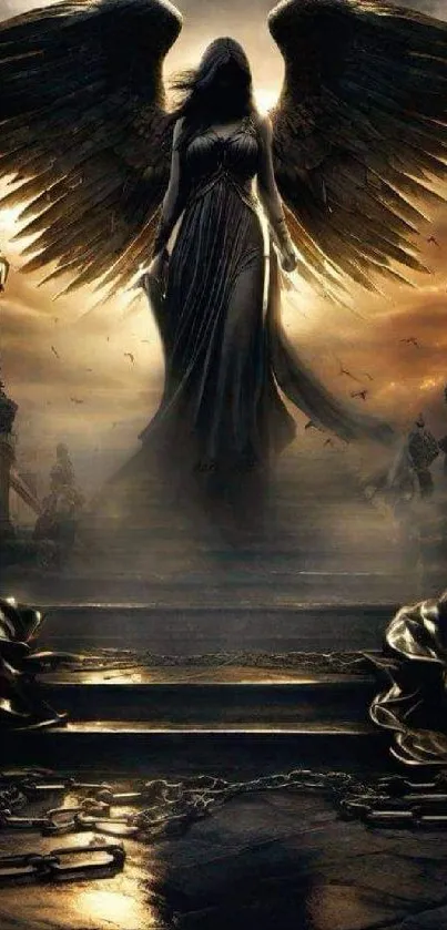 Dark angel with glowing wings on steps, surrounded by mystical ambiance.