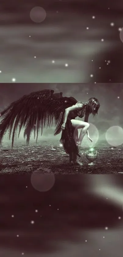 Dark angel with wings in mystical landscape wallpaper.