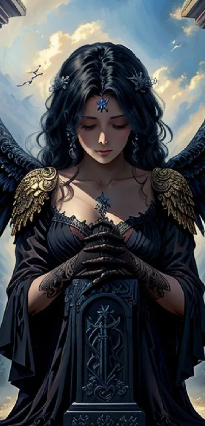 Mystical angel with dark wings in a fantasy setting.