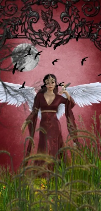 Fantasy scene with angel and birds in a maroon background.