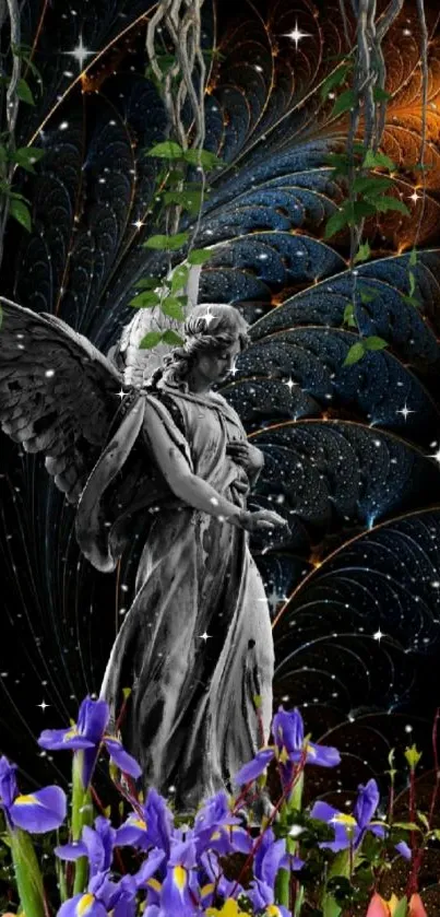 Mystical wallpaper featuring angel statue with vivid flowers and cosmic background.