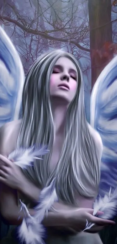 Serene angel with wings in a mystical forest setting, exuding ethereal beauty.