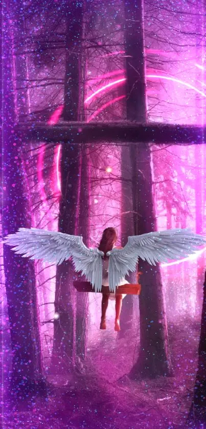 Ethereal angel with wings in a mystical pink forest.