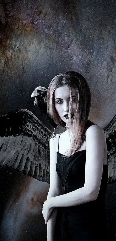 Dark angel with wings in a galaxy scene.