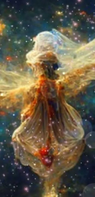 Ethereal angel surrounded by stars and galaxies in a mystical cosmic artwork.