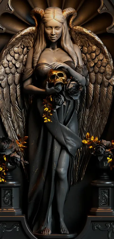 Intricate gothic angel statue with wings and a skull, surrounded by dark elements.