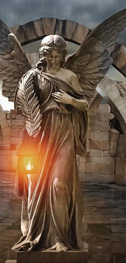 Gothic angel statue in ruins with a crow and glowing lantern.