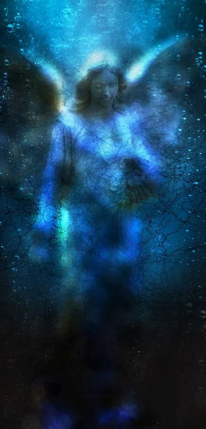 Mystical angel with blue aura and ethereal presence on phone wallpaper.