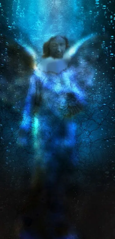 Mystical angel in a serene blue, underwater depth wallpaper.