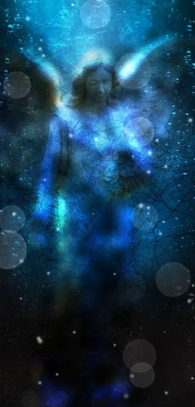 Mystical angel figure with blue ethereal glow and dark cyan background.