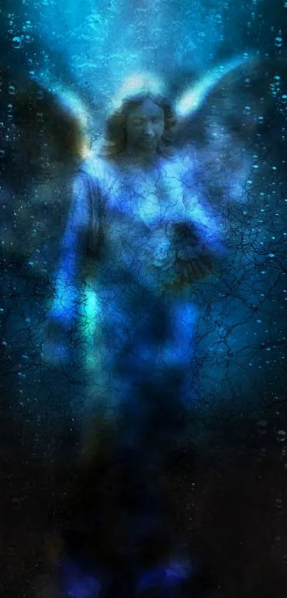 Ethereal mystical angel in blue glow with celestial background.