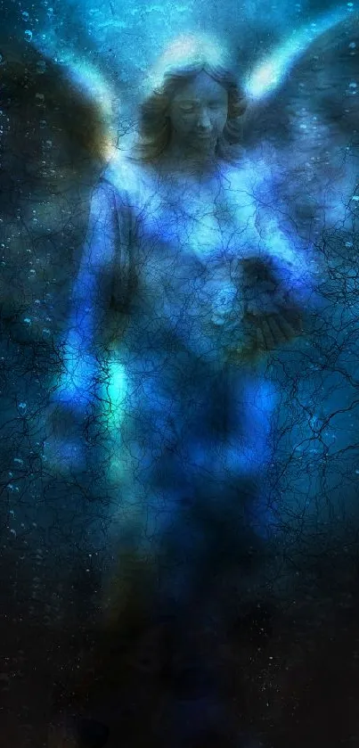 Mystical angel with blue glow in serene wallpaper.