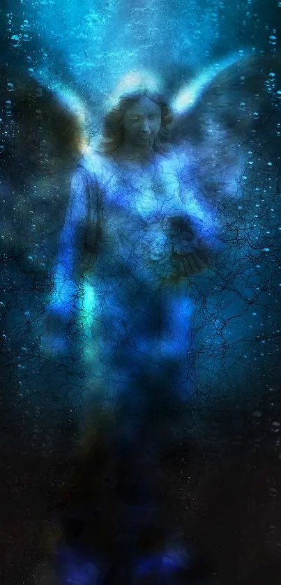 Mystical angel surrounded by a blue mist with celestial details.