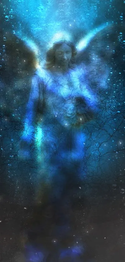 Mystical angel in blue hues with a serene vibe on a mobile wallpaper.