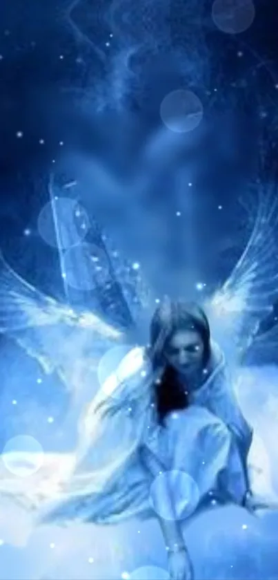 Serene angel with wings in mystical blue atmosphere.