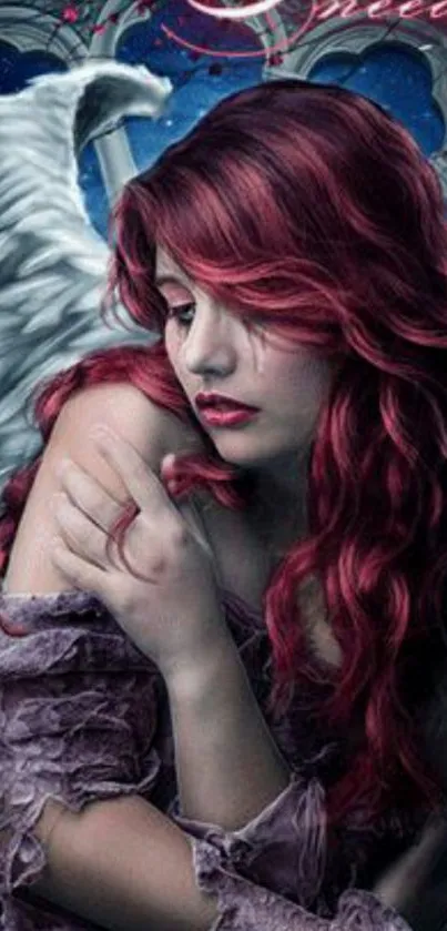 Mystical red-haired angel with wings in a moonlit backdrop wallpaper.