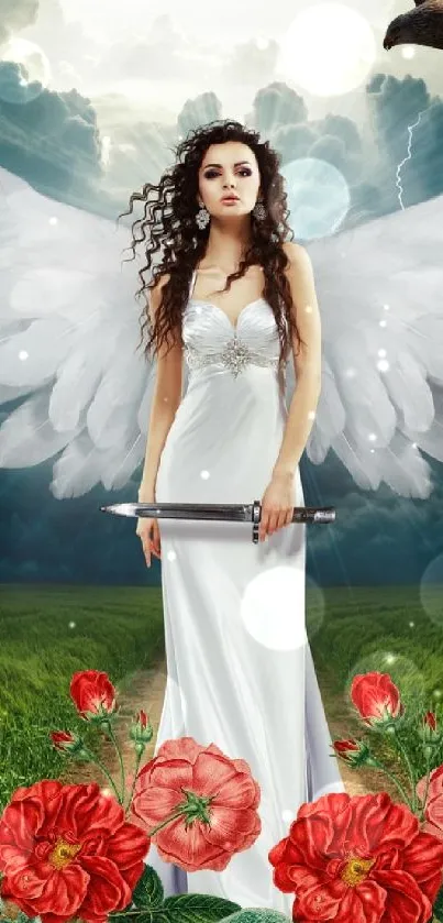 An angel with wings stands in a green field under a stormy sky.