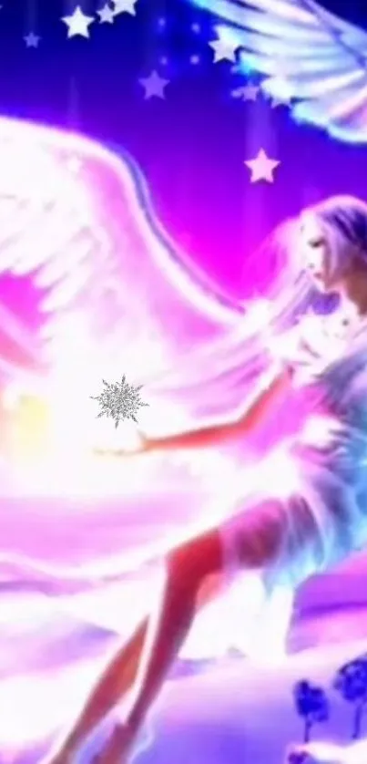 Mystical angel with glowing pink wings in a vibrant fantasy scene.